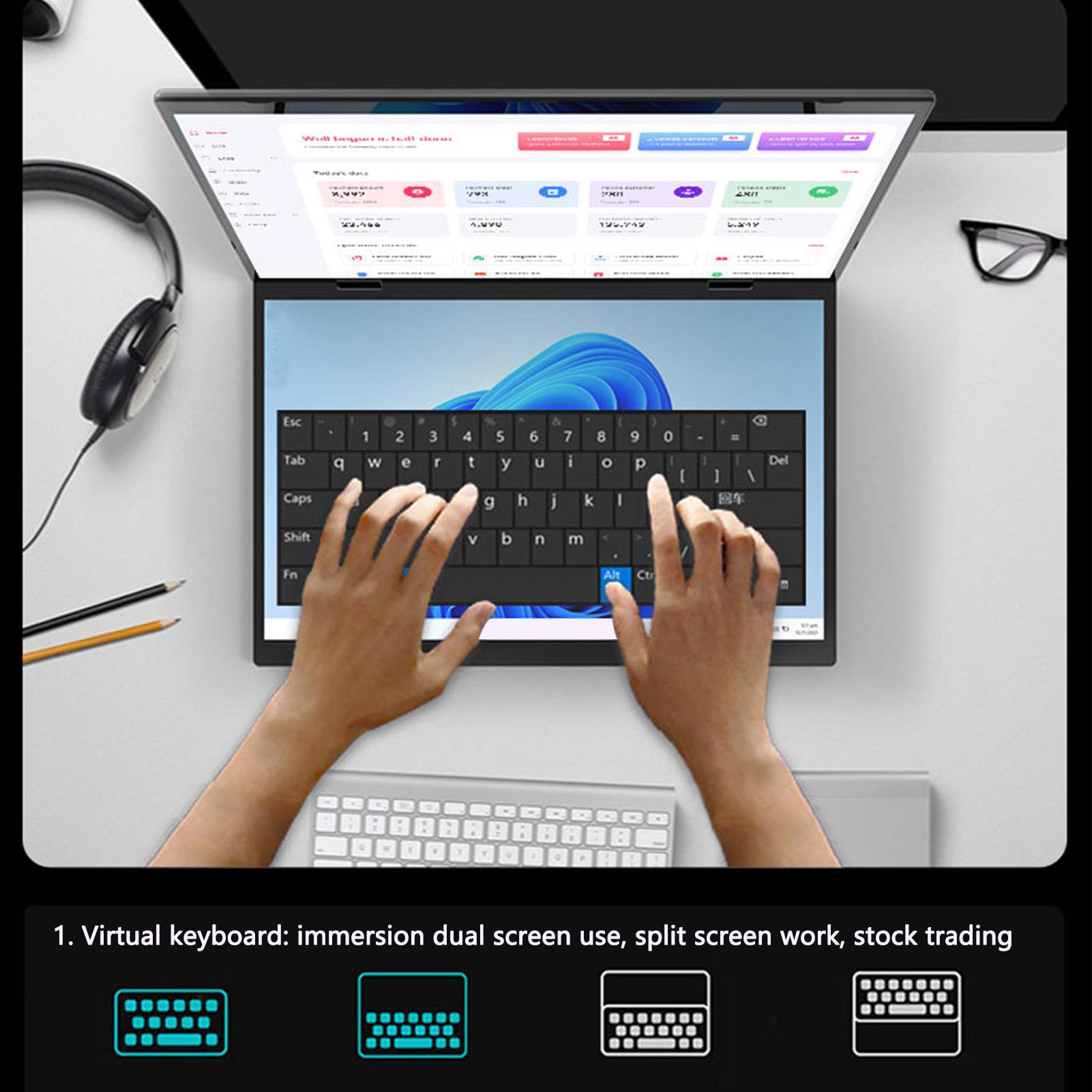 Bewinner 14 Laptop Touchscreen 2 in 1, Monitor Portatile Impilato Pieghevole IPS 2.2K 60Hz, per Celeron 12a Generazione, Thread 1.7GHz, DDR4, (Spina UE da 32 GB +