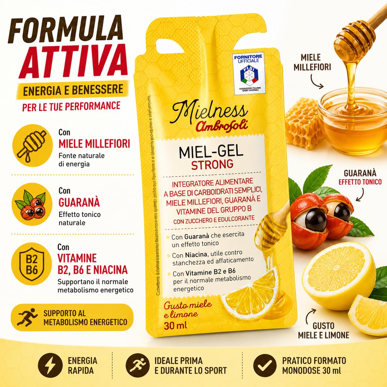 Ambrosoli Miel-Gel Strong, Gel Energetico Miele Limone e Guaranà x30