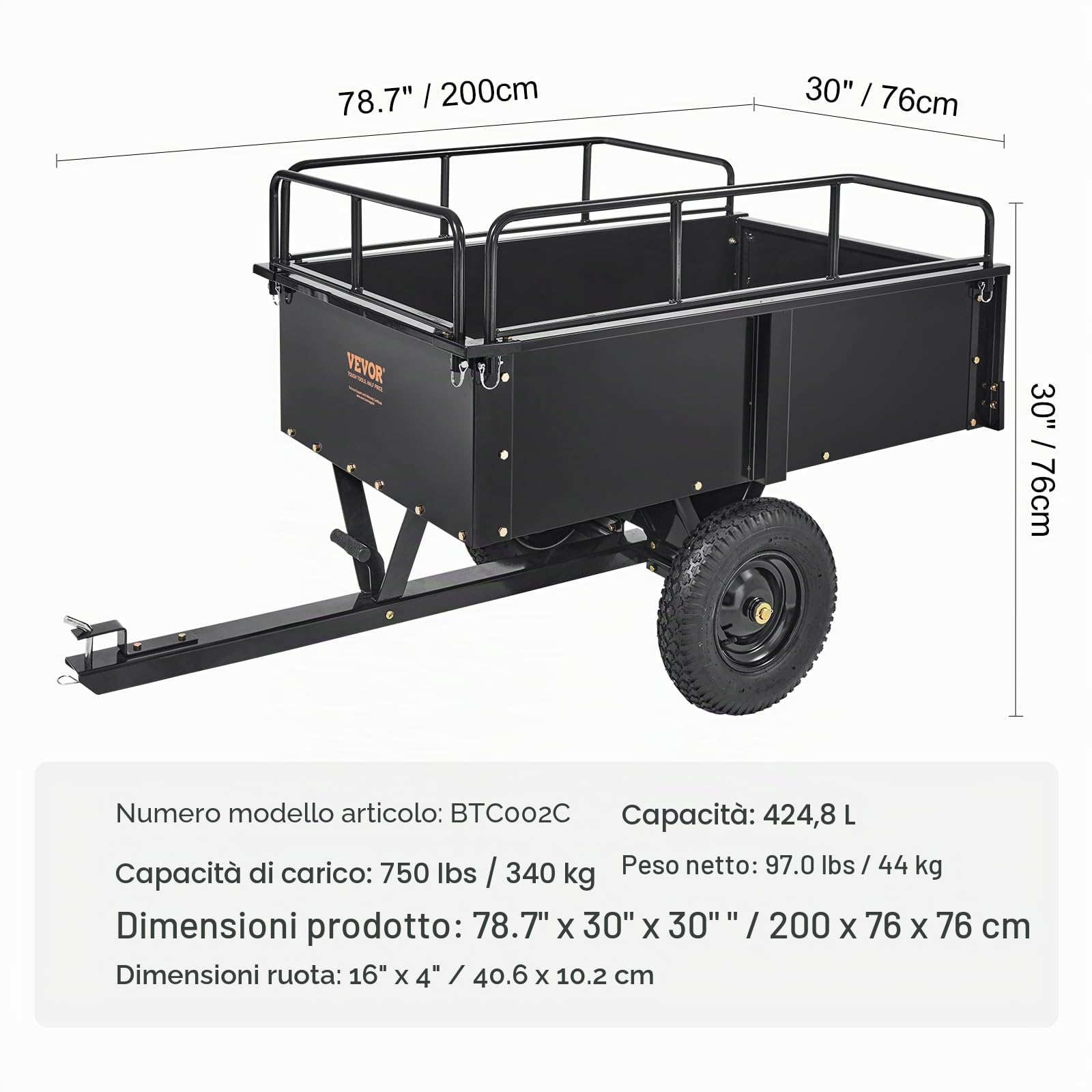 VEVOR Carrello Rimorchio per Carichi Pesanti in Acciaio, Cassone di Trasporto da Giardino con Lati Rimovibili Portata max. 340kg ca. Carrello per Trattore Tosaerba con Ruote per Trasporto da Giardino