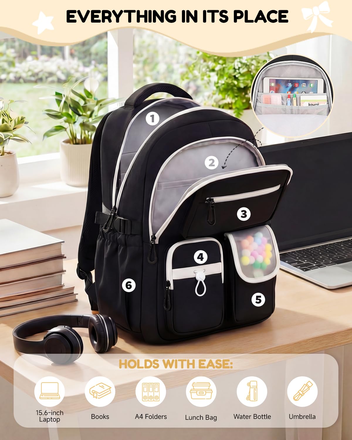 Amythe Mochila con Ruedas para Niña 10-18 Años, 6 Ruedas, Blanco | Mochila Carrito Adolescentes para Instituto y Colegio - Trolley Escolar Extraíble – Gran Capacidad para Ordenador 15.6"