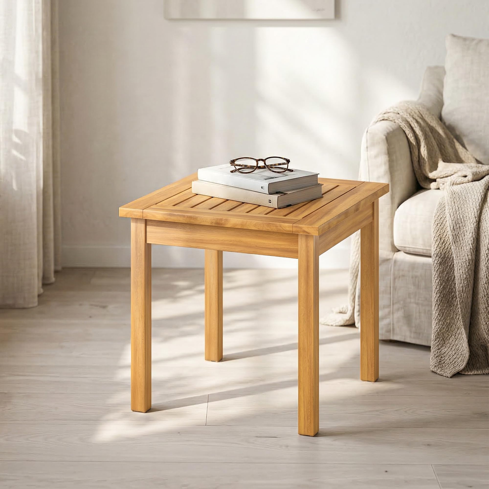 Outsunny Table Basse de Jardin Carrée en Bois d'Acacia Massif, Plateau à Lattes, Pieds Réglables, 48x48x46cm, Naturel