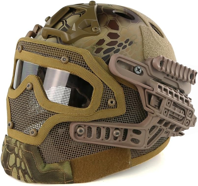 PJ Fast Tactical Helmet Airsoft Paintball Protective Helmet Full Face Mask Molle Mesh Breathable Goggles for Military CS Paintball Shooting, Hunting, Cycling, Motorcycle, Outdoor Sports