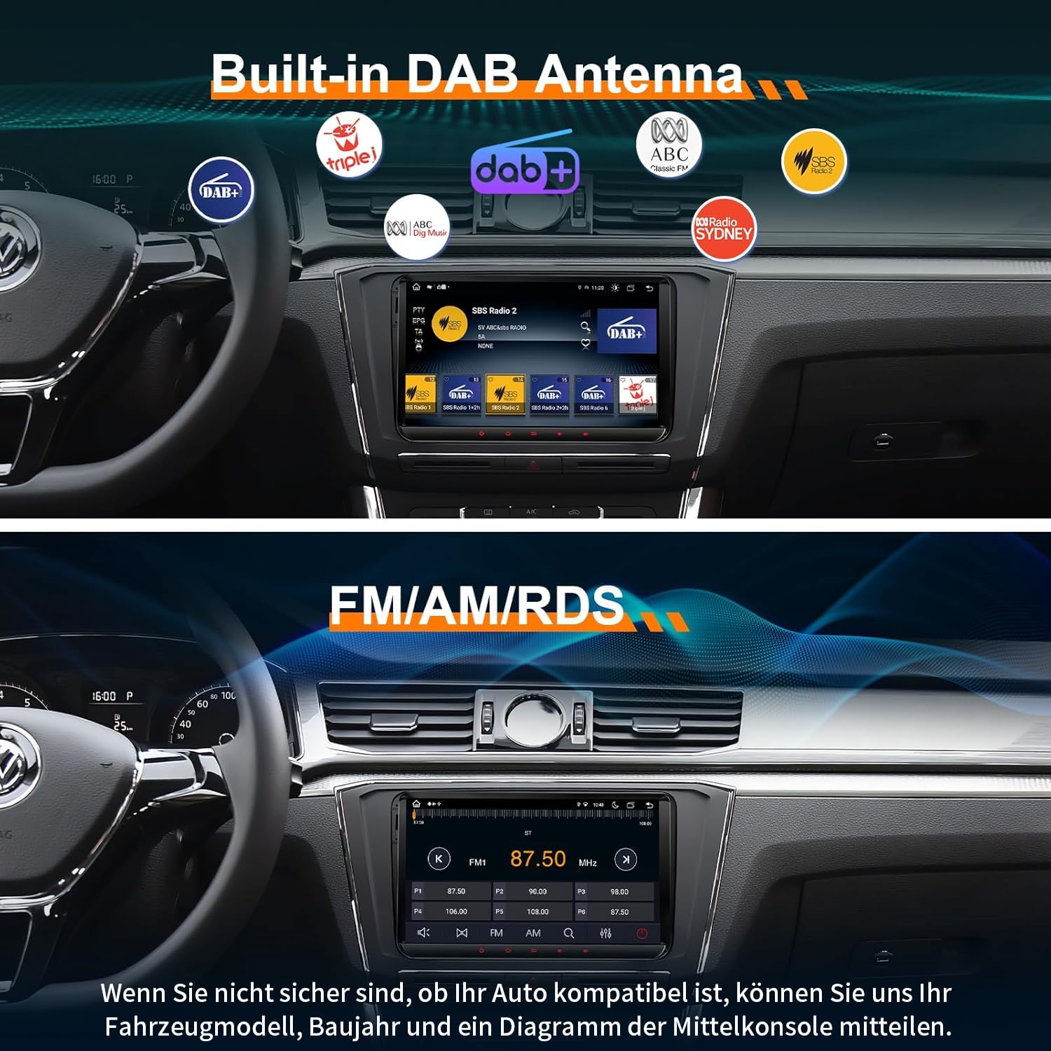 9’’ DAB Autoradio Android 14 für Golf 5/6, VW T5, Polo 6R, 4GB+64GB Wireless CarPlay, Android Auto, Built-in DAB, 2 Din, 8 Core, 4G, Navi, BT5.0, WiFi, USB, FM,TPMS,OBD2, Voice Control