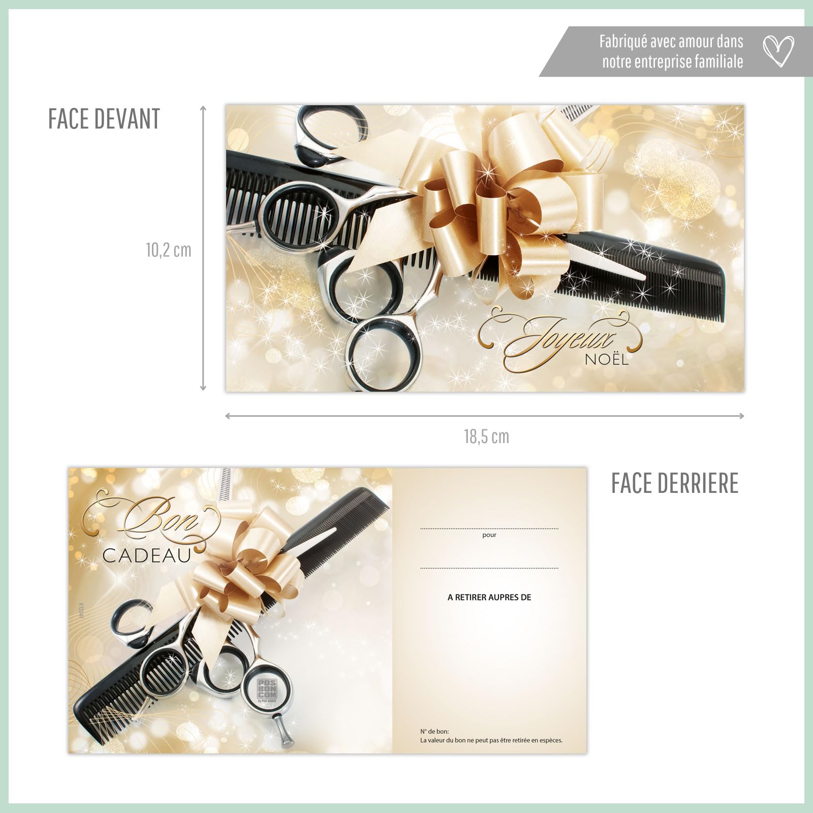 POS BON - 100 bons cadeaux à remplir avec enveloppe/nœud ruban - formulaires imprimés pour des salons de coiffure K1204F-2-100-V1