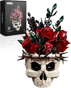 Skull Flowers Building Set Horror Skeleton Home Decor Gifts for Women Men | Red Roses Bouquet Building Block Kit, Gothic Artificial Botanical Collection, Halloween Room Office Decor, Gift for Adults