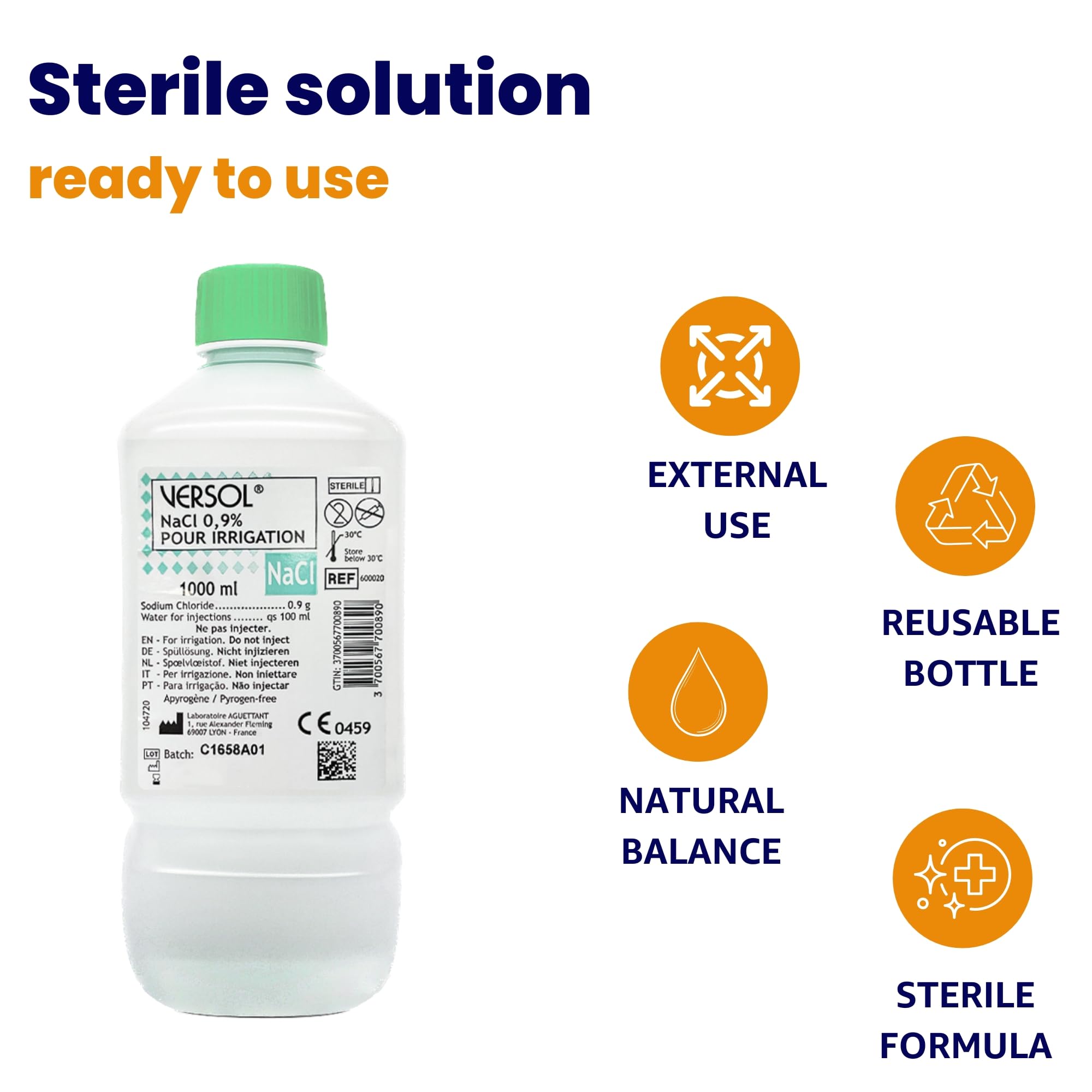 VERSOL NaCl 0,9% – Solución salina fisiológica estéril 1 L – Para higiene nasal, limpieza de heridas y cuidado diario – Apta para bebés, niños y adultos