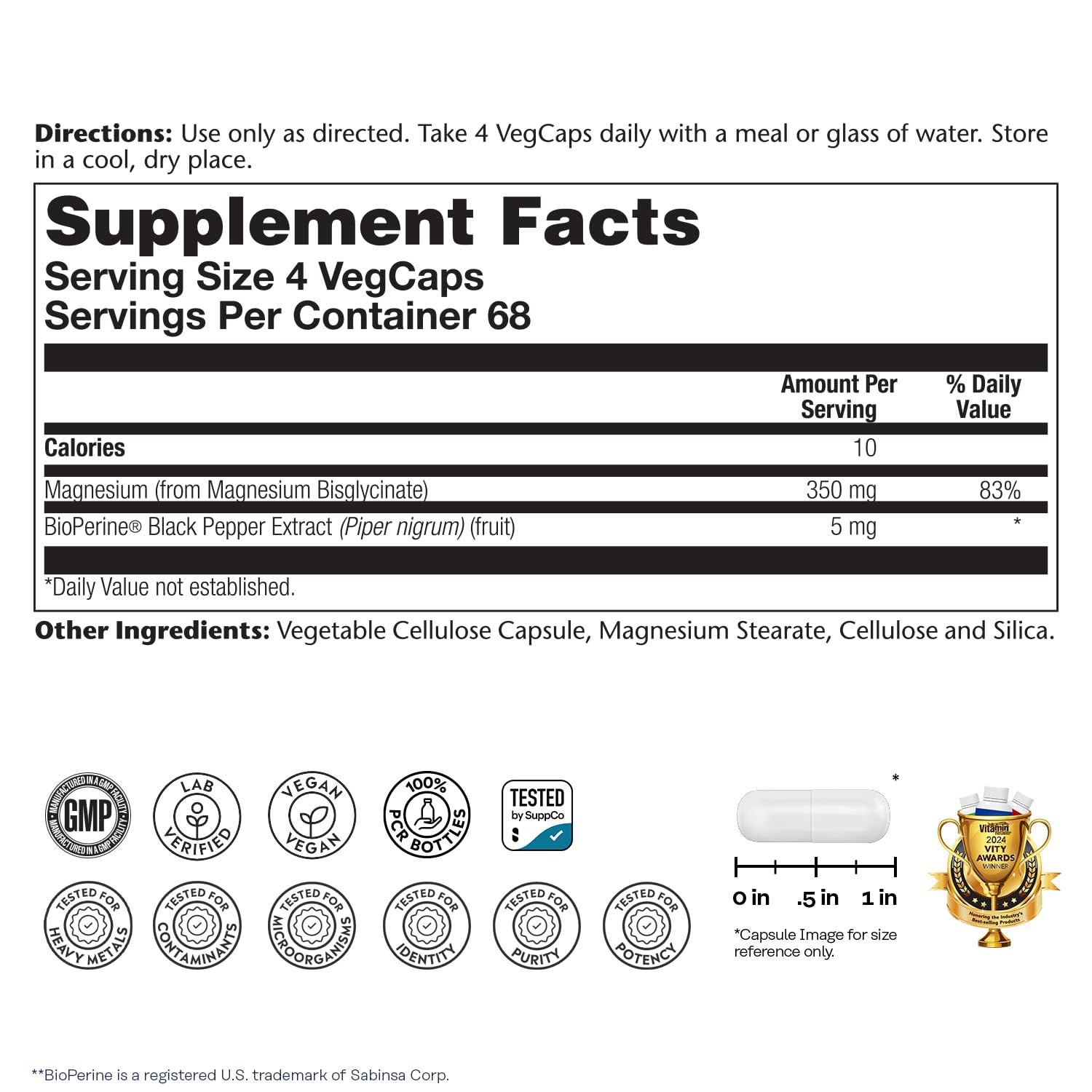 SOLARAY Enhanced Absorption Magnesium Glycinate 350 mg, 275 VegCaps — Amazon image 2