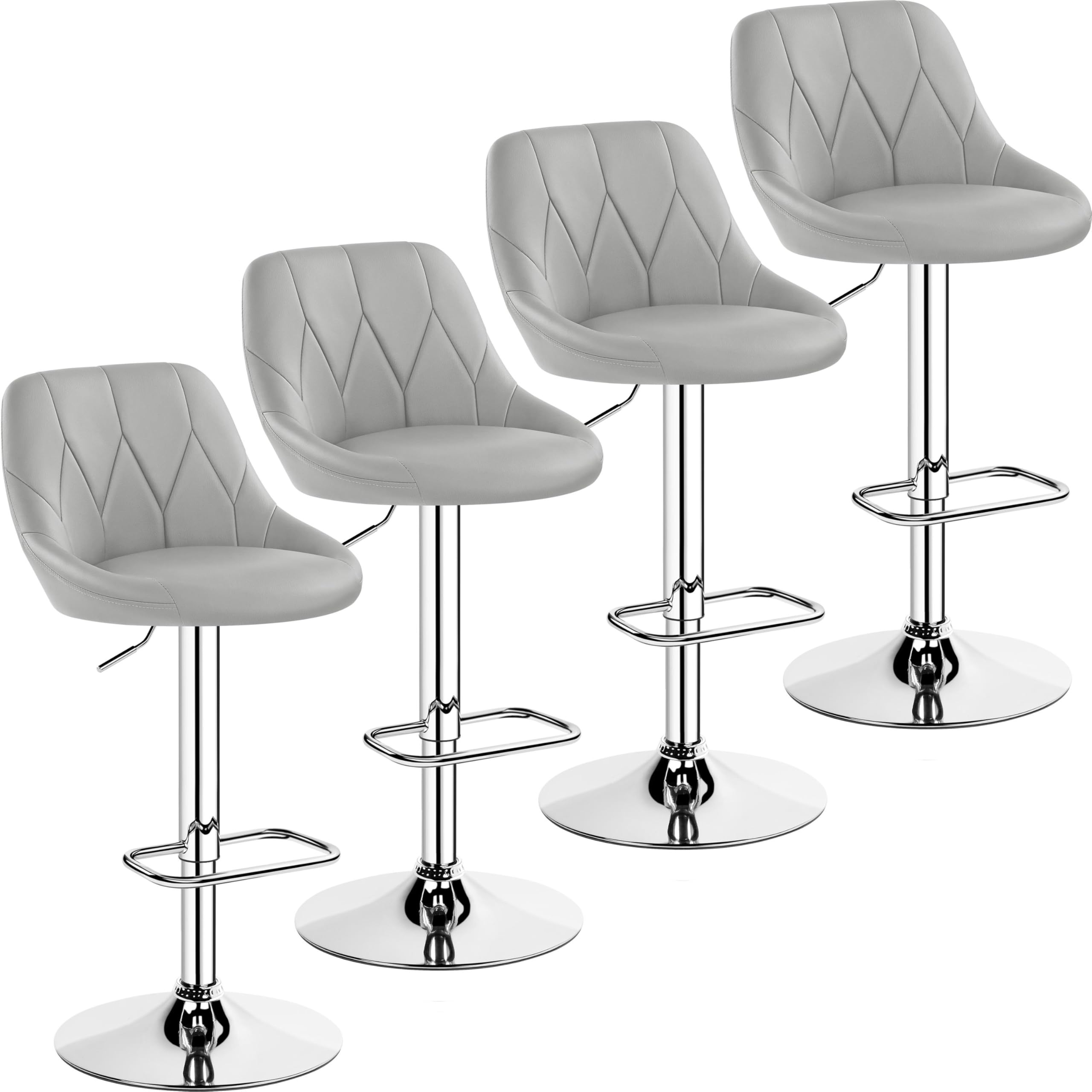 Yaheetech Modern Bar Stools Set of 4, Height Adjustable Swivel Chair with Backrest Chrome Footrest for Breakfast Counter Home Kitchen, Light Grey