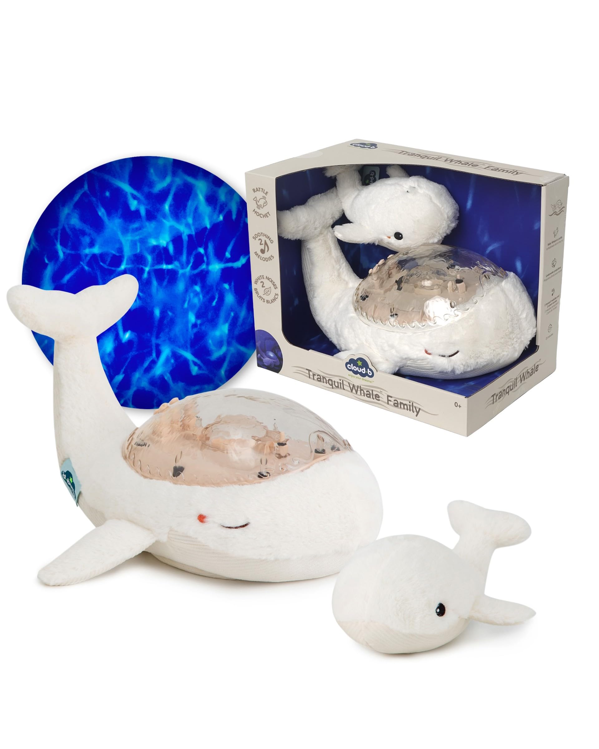 Cloud b Ocean Projector Nightlight with White Noise Soothing Sounds | Adjustable Settings and Auto-Shutoff | Tranquil Whale Family - White