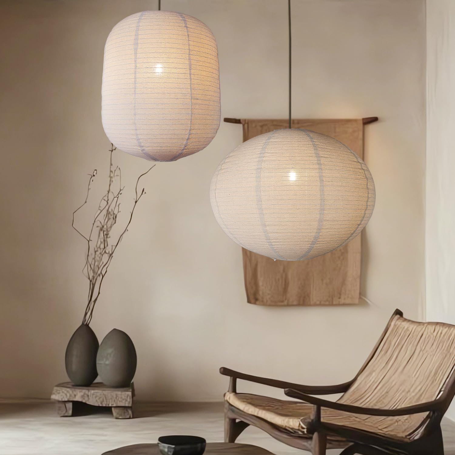 2PCS hanging lamp shade Oval Cylinder Linen Pendant Light Shade 20+13.5inch Hanging Fabric LampShade Beige Lanterns for Living Room, Dining Room,