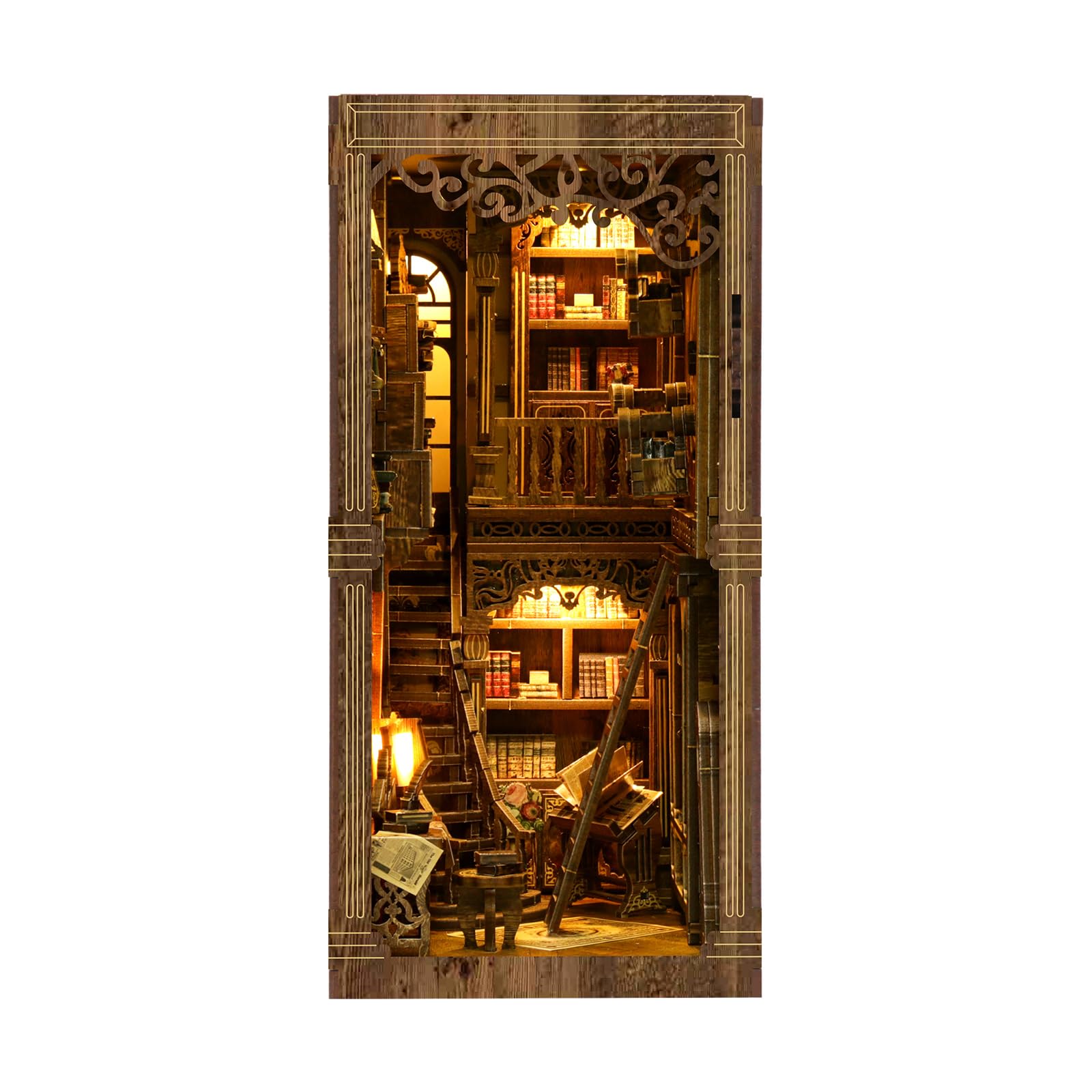 Book Nook zestaw do montażu, miniaturowe drewniane puzzle, styl vintage, pokój książkowy z oświetleniem LED, podpórka do domku dla lalek, dekoracja regału na książki