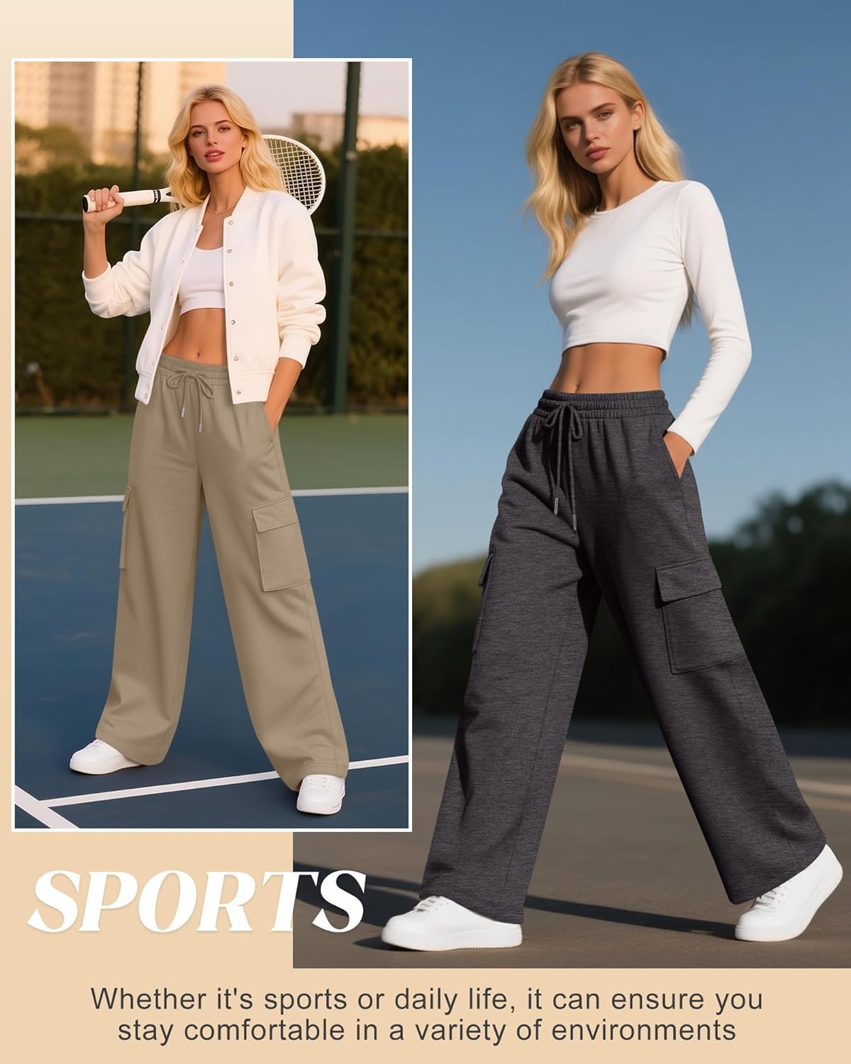 Neer 3 Pack Women's Cargo Sweatpants Wide Leg Baggy Loose Elastic Drawstring Pants Casual Athletic Joggers with 4 Pockets - Image 5