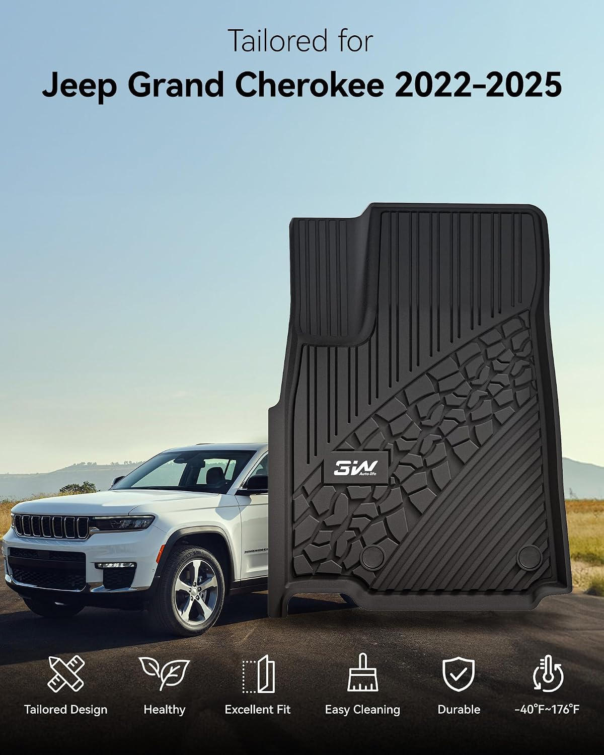 3w floor mats & cargo liner & seatback mats fit for 2022-2025 jeep grand cherokee wl/4xe 5-seat only, (not for wk2 or l), tpe all weather heavy duty car accessories cherokee 2022-2025 complete set mats
