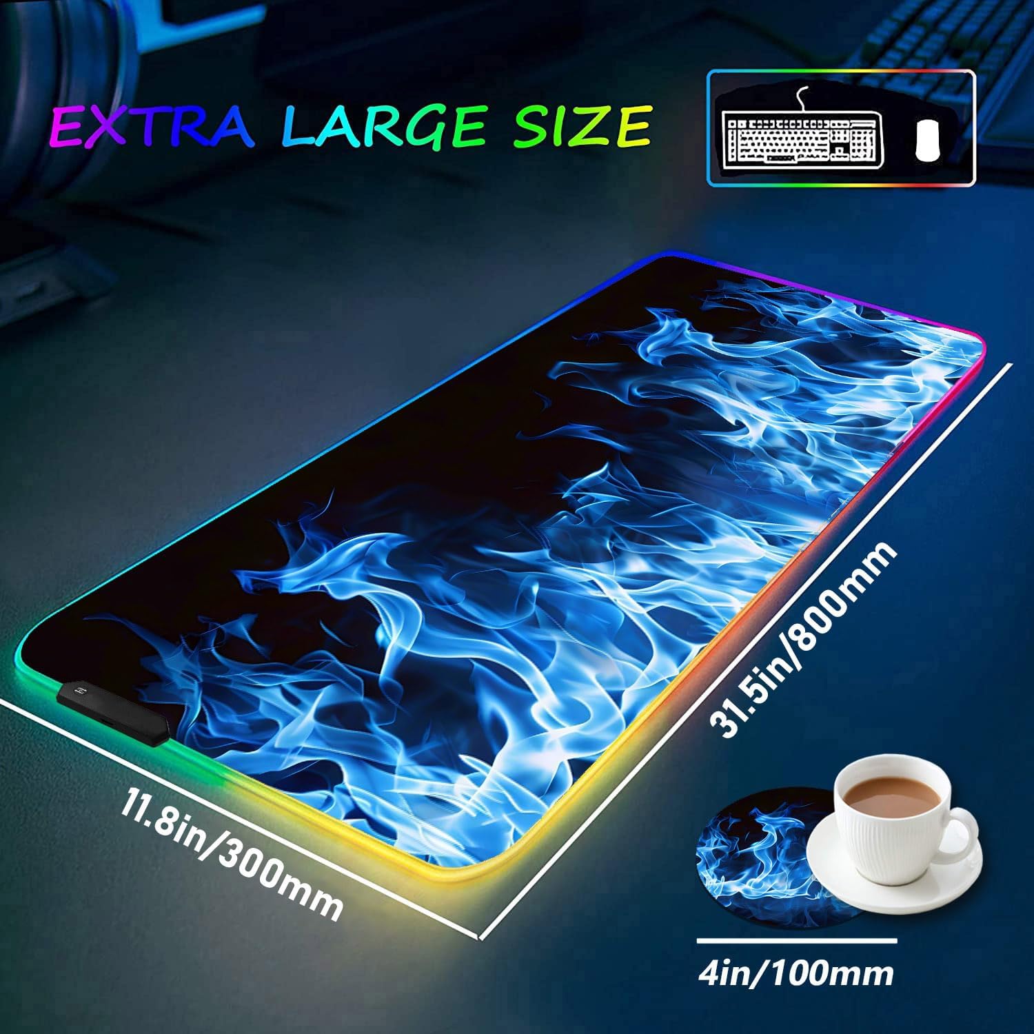 RGB Gaming Mouse Pad with Coffee Coaster, XXL Large Glowing LED Mousepad, Anti-Slip Rubber Base, Computer Keyboard Desk Mouse Mat 31.5 X 11.8 Inch - Blue Flame