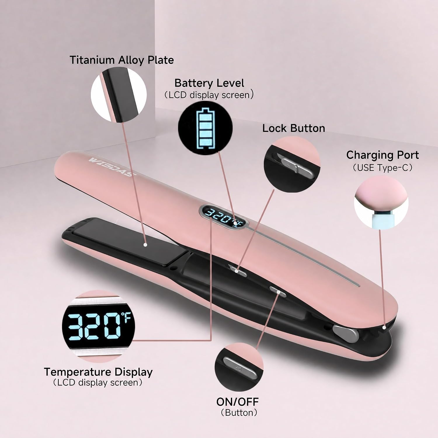 Cordless Hair Straightener, Titanium Floating Plates, LCD, 320-410°F, 20min auto shutoff, USB-C Rechargeable. Portable for Travel, Home & Daily use. Pink