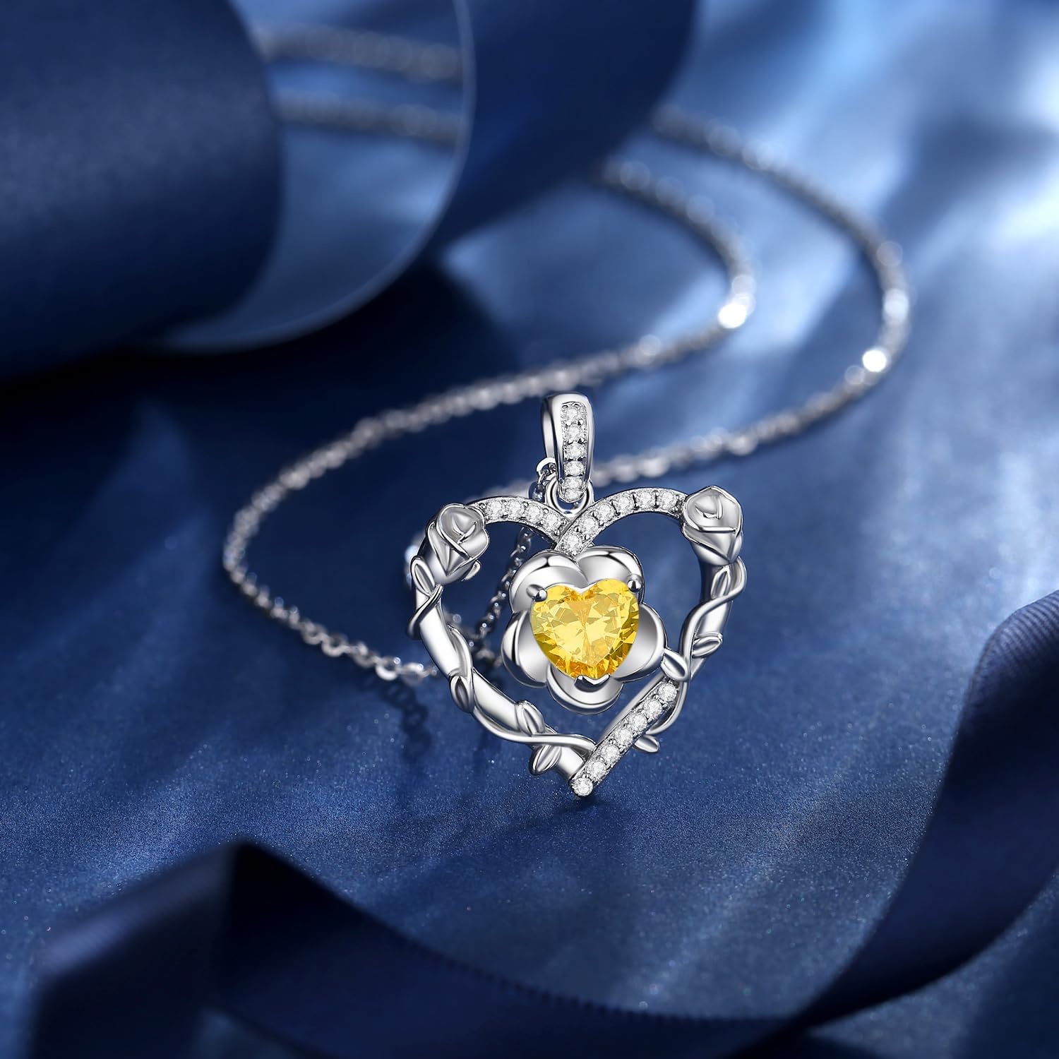 AGVANA November Birthstone Jewelry Citrine Necklace for Women Sterling Silver Heart Rose Flower Pendant Necklace Anniversary Birthday Gifts for Women Mom Wife Her