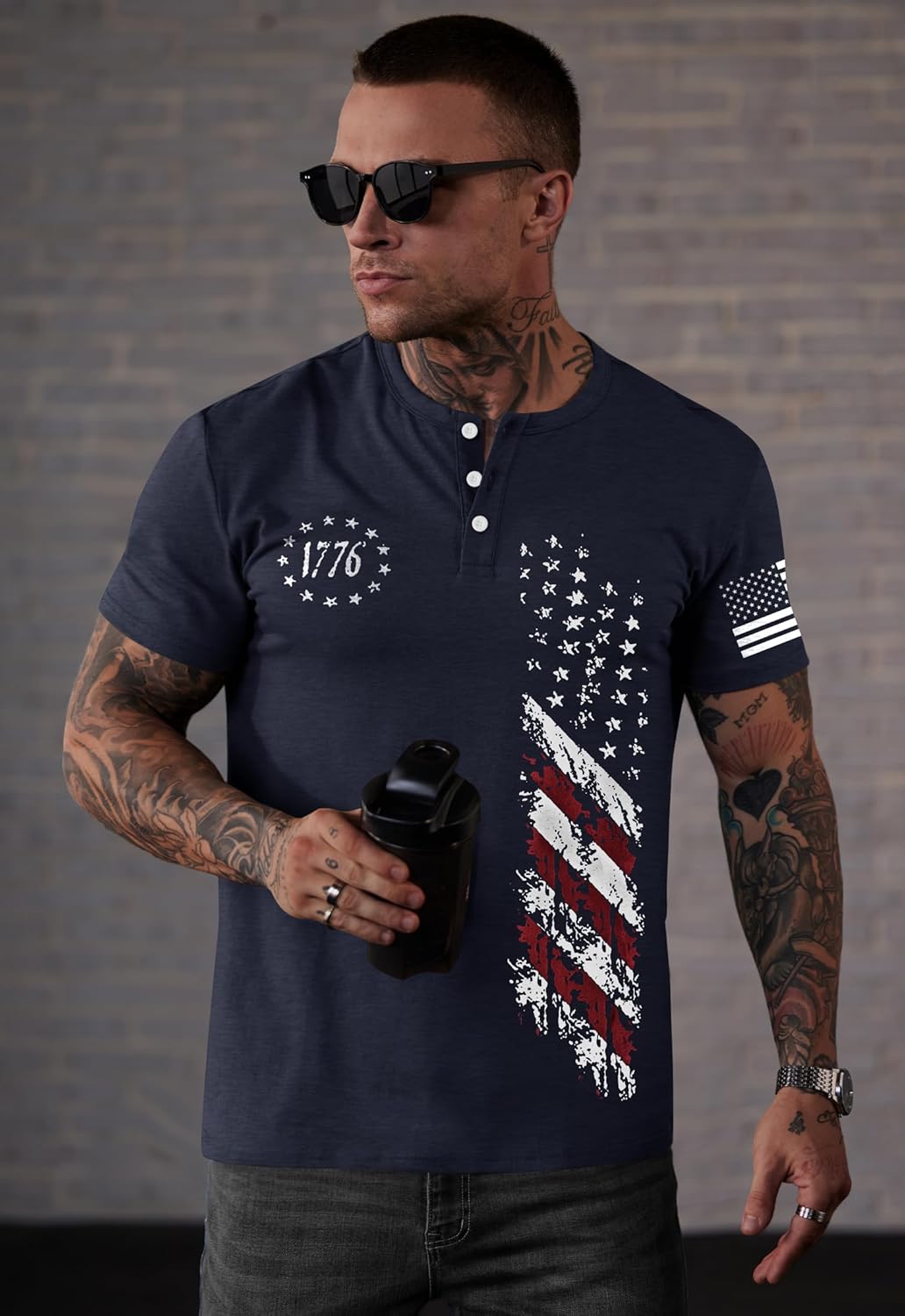 Men's Patriotic Henley Shirts Muscle Distressed American Flag 1776 Vintage T-Shirts (S-3XL) - Image 4