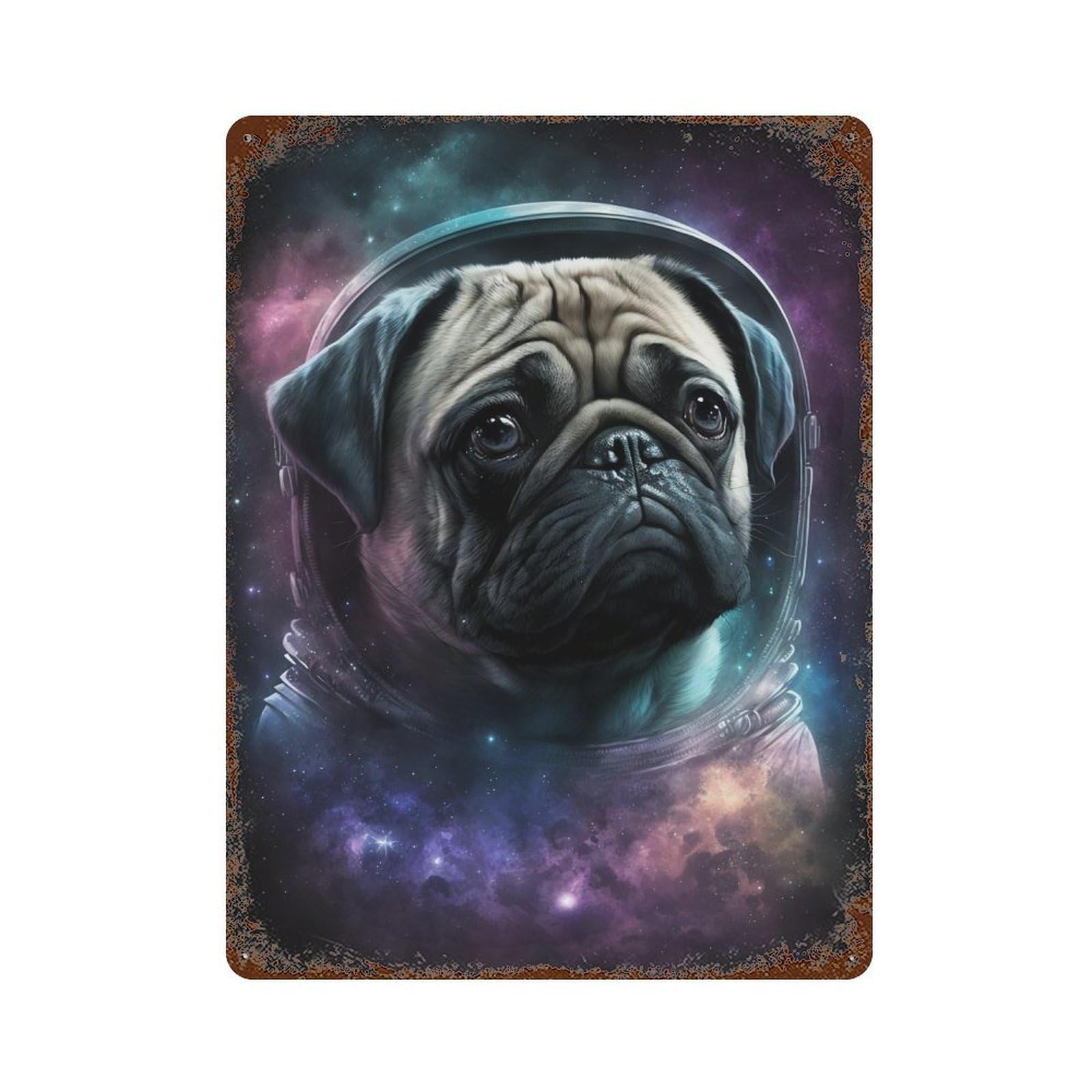 Space Pug Adventure T-Shirt Distressed Metal Wall Sign 15.7"x11.8", for Garage, Bar And Workshop Decor, Decorative Metal Wall Art