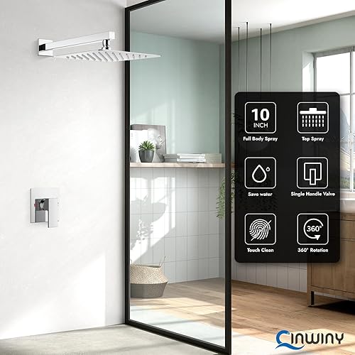 Miniatura 2 de Juego de grifo de ducha de montaje en pared de 10 pulgadas con válvula de rosca macho de latón, sistema de ducha cuadrado de lluvia con una manija,