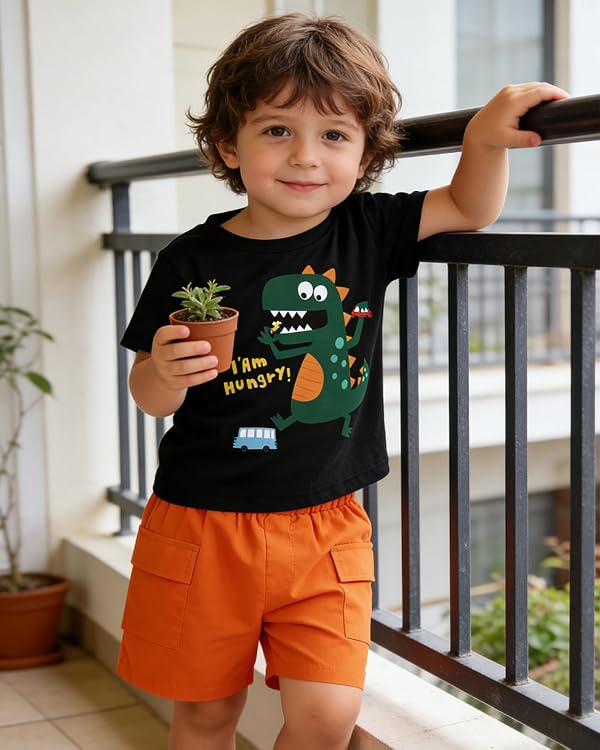 Latnnut Toddler Shorts Boys 2t 3t Summer Clothes Boy Black Cute Green Dinosaur Pattern Short Sleeve T-shirt Tops and Orange Elastic Cargo Shorts with Pockets for 2-3t by Latnnut - Image 3