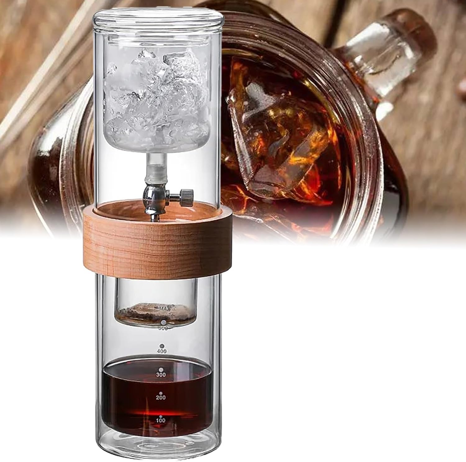 500ML/17oz Double Glass Iced Coffee Brewer,Kitchen Bar Drip Pot Ice Cold Drinking Pot,Cold Drip Coffee Cold Brew Drip Tower,Ice Drip Coffee,Portable Cold Brew Coffee Maker