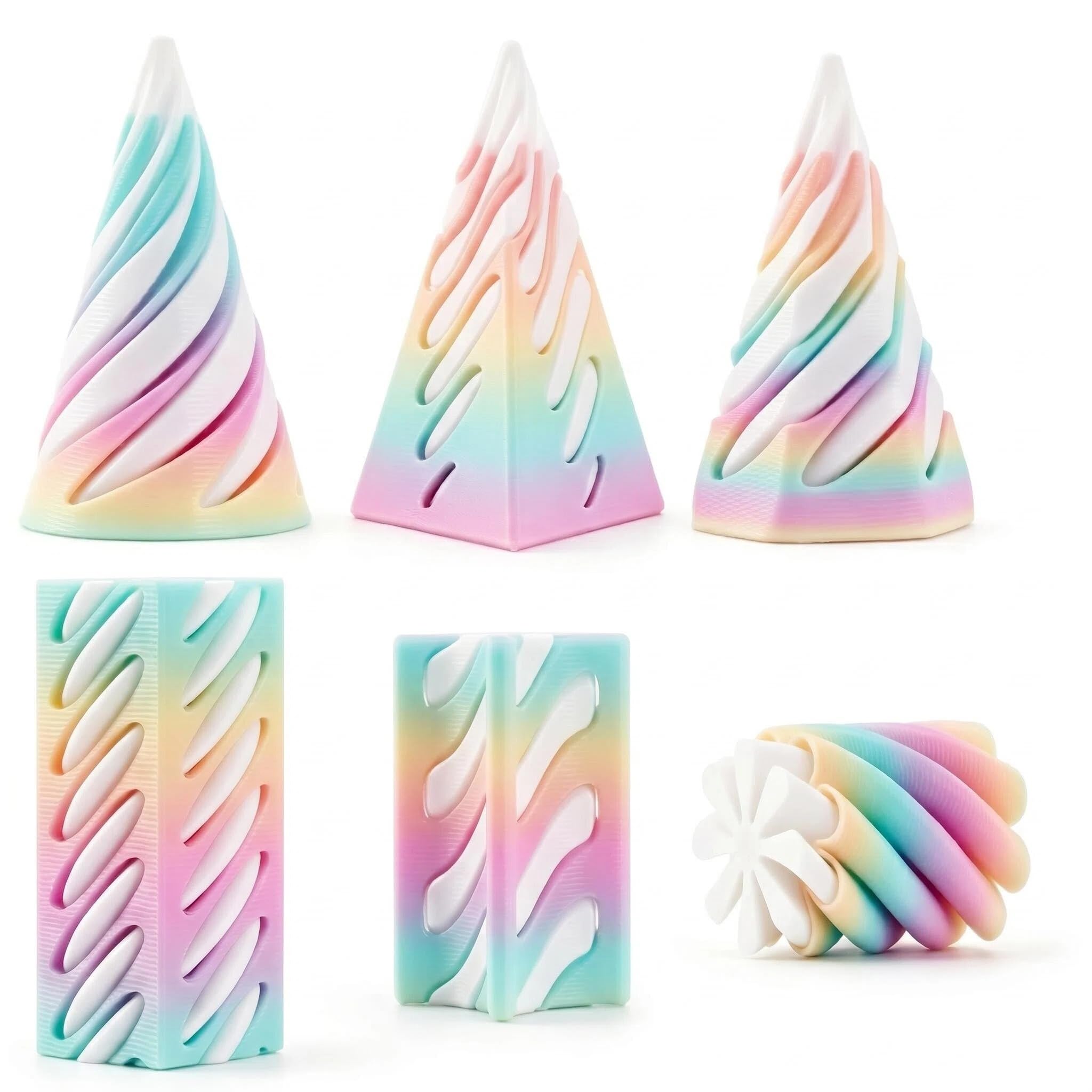 MIGIFTDY 6PCS Rainbow 3D Printed Spiral Fidget Cone Set, Impossible Pyramid Passthrough Sculpture, Stress Relief Sensory Toys for Kids Adults, Desk Decoration & Gift