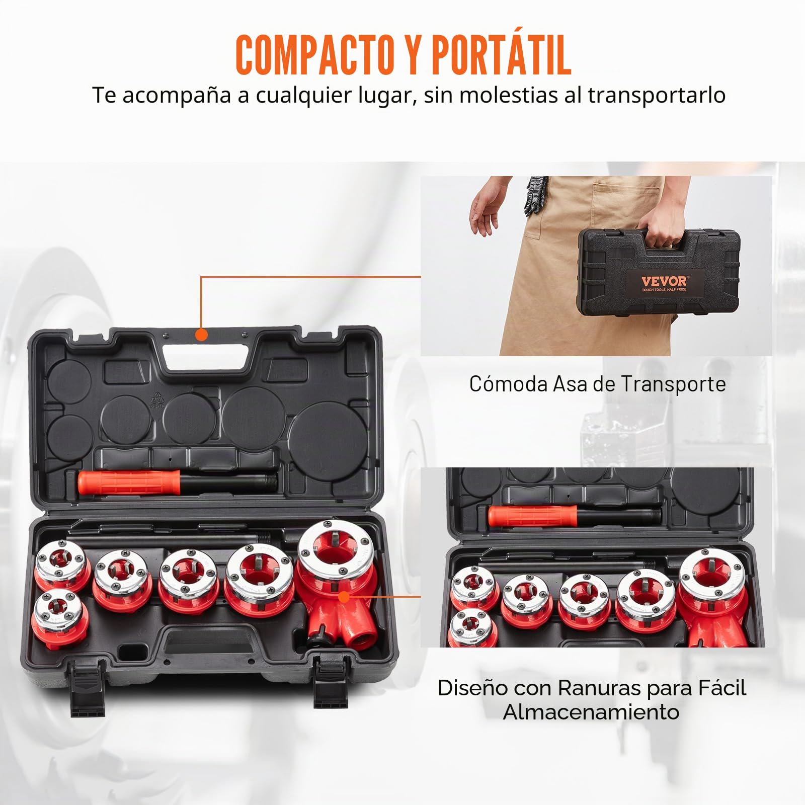 VEVOR Kit de Roscado de Tubos con Trinquete 1/4" NPT ~ 1-1/4" NPT Juego de Troqueles de Fontanero Manual Portátil 6 Troqueles NPT Estuche de Almacenamiento para Plomería Tubos de Aluminio Hierro Cobre