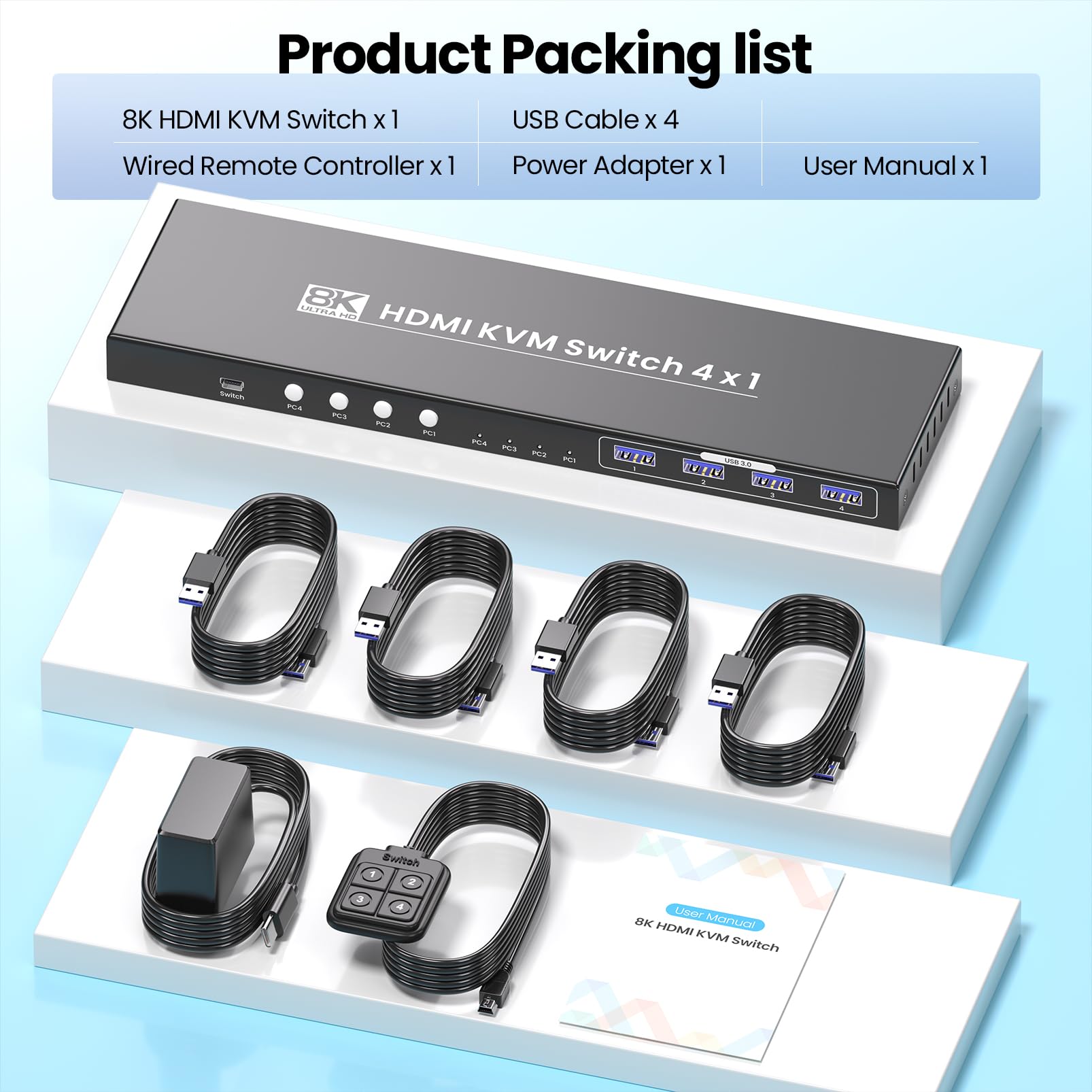 4 Port HDMI KVM Switch 4 PC 1 Monitore, 8K60Hz 4K120Hz USB 3.0 KVM Switches, Steuerung von 4 PCs mit 1 Monitor, Tastatur und Maus