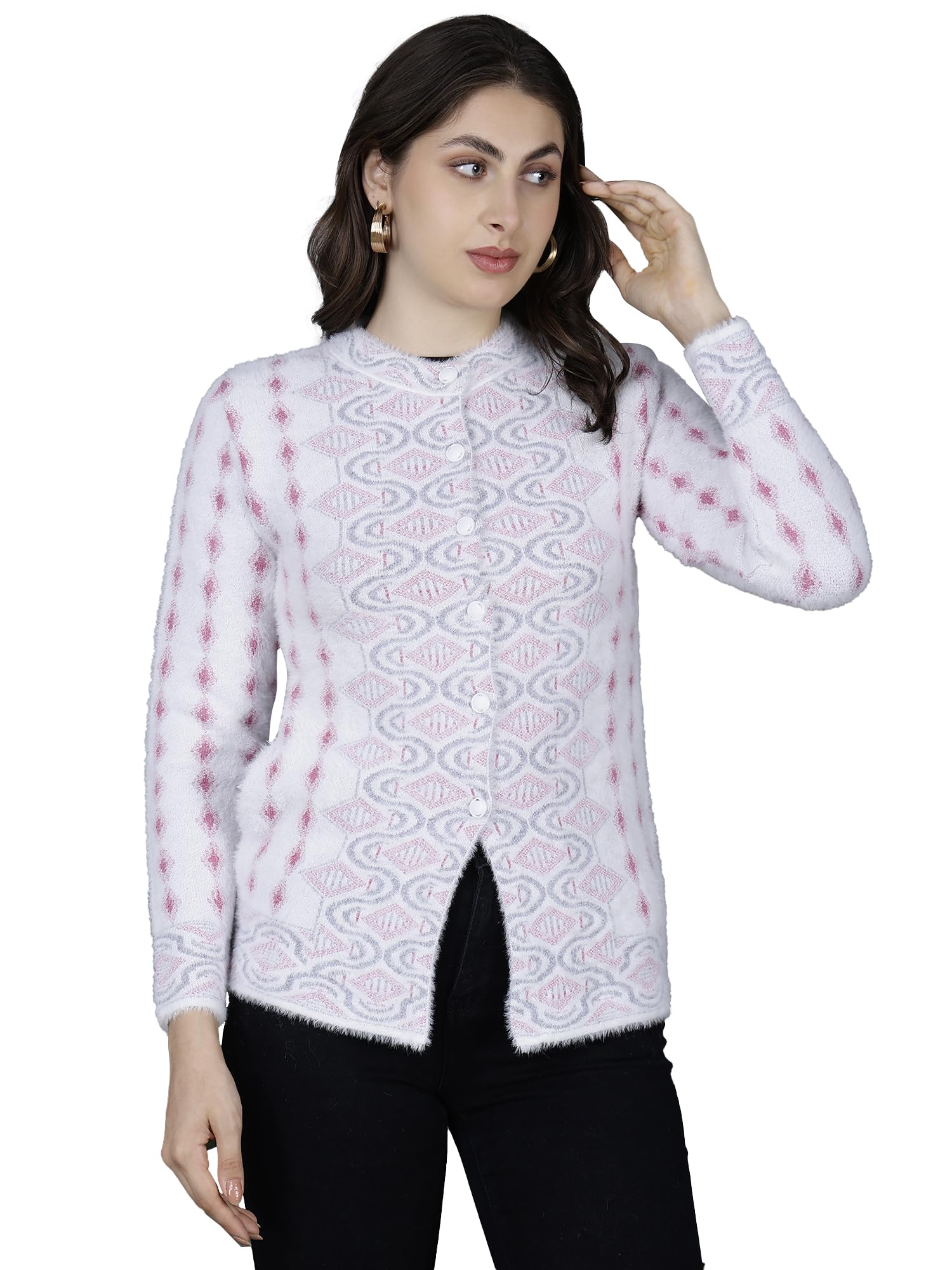 chatanya Premium Women's Buttoned Pure Woollen Knitted White Cardigan/Sweaters-picture-2