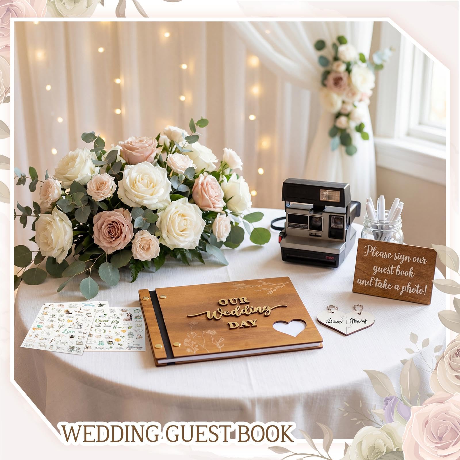 Resurhang Rustikales hölzernes Hochzeitsgästebuch Erinnerungsbuch für Hochzeit, Holzeinband, Foto-Scrapbook, rustikales Andenken, Gästebuch mit Aufklebern für Empfang, Jahrestag, Brautparty