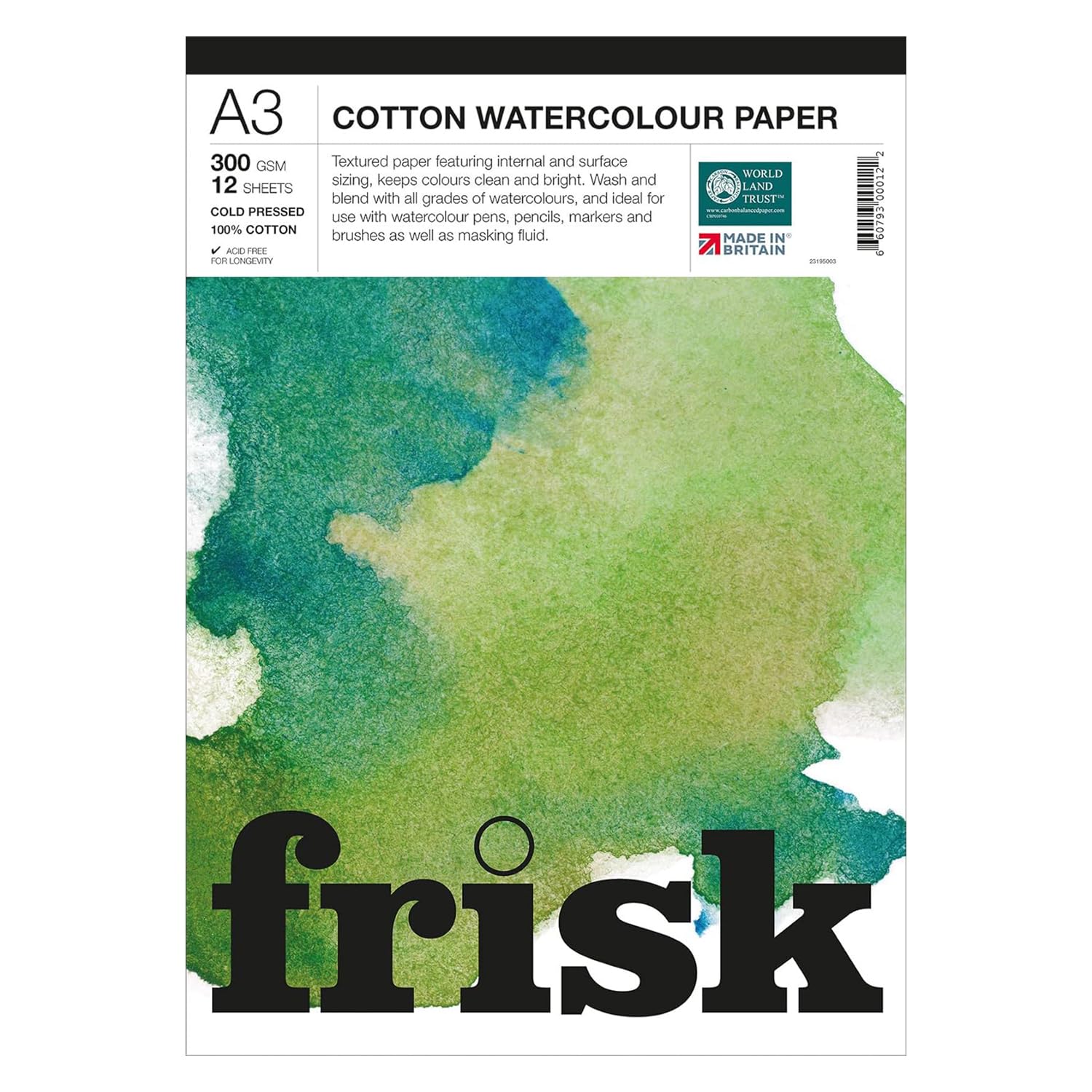 Frisk White Watercolour Paper Pad 300Gsm 100% Cotton Cold Pressed/Not 12Sheets A3, (23195003)