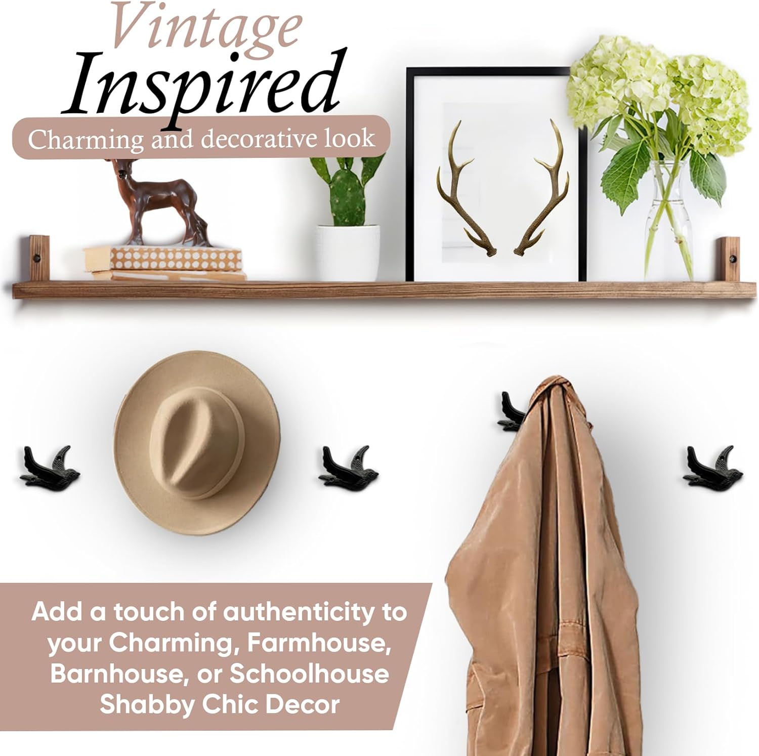 Flying Bird Cast Iron Hooks (5 Pack) Non Rusting Interior or Exterior Decorative Wall Hooks - Farmhouse Decor for Coats, Bags, Hats, Towels, Easy to Install (Black Hooks) - Image 7