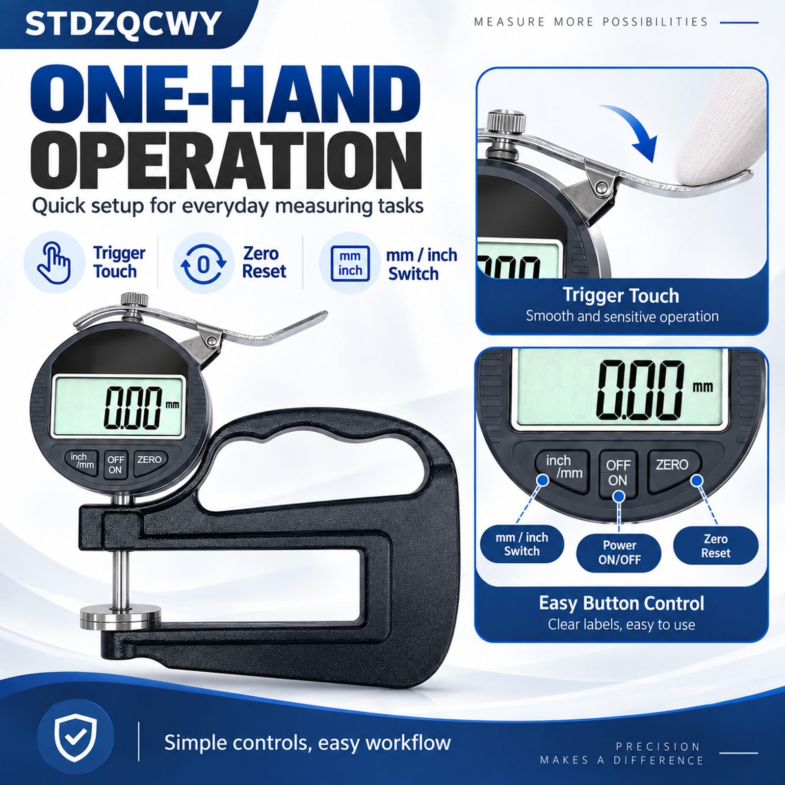 Medidor De Espesor Digital De Garganta Profunda, Rango De 0-25,4 Mm, Resolución De 0,01 Mm, Profundidad De Garganta De 120 Mm, Cabezal De Medición Grande De 30 Mm, Pantalla Lcd, Para Película,