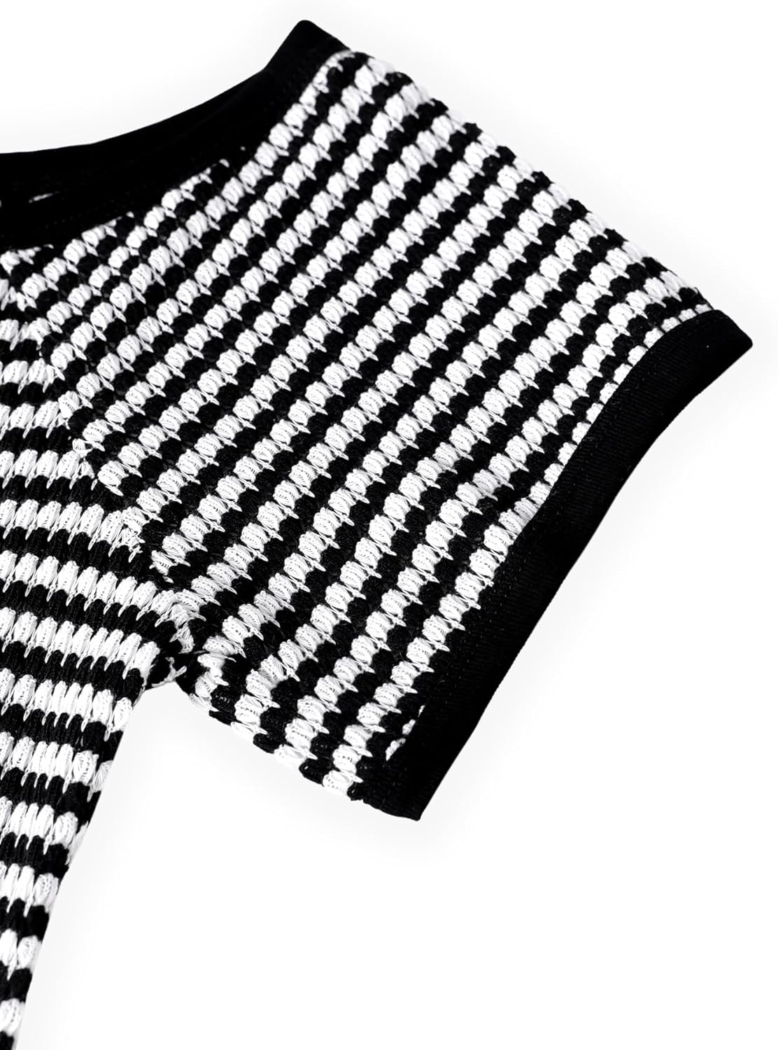 Hilinker Women's Off The Shoulder Crochet Tops Striped Short Sleeve Casual Summer Shirt - Image 5