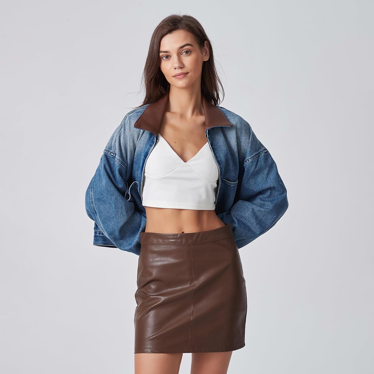 D-Sun Women's Denim Jackets Leather Collar Long Sleeve Zipper Cropped Jean Jacket Denim Coat With Pockets - Image 6