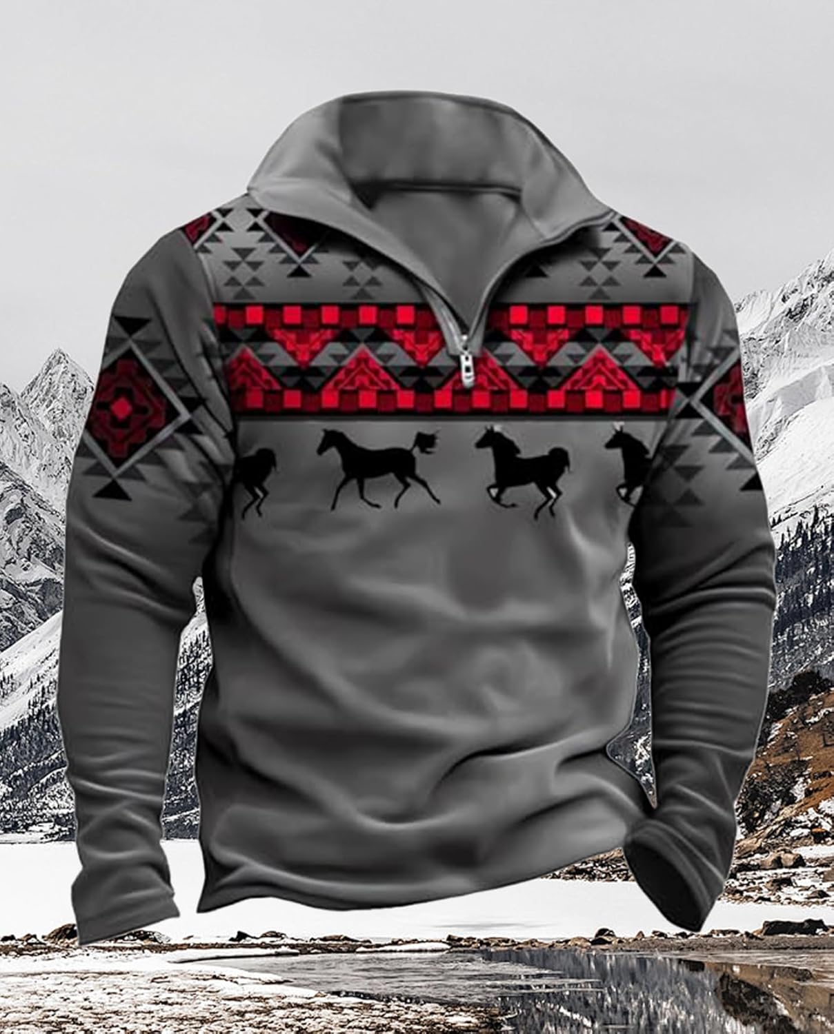 Western Sweatshirts for Men Aztec Cowboy Vintage Graphic Fleece Hoodie Mens Quarter... - Image 2