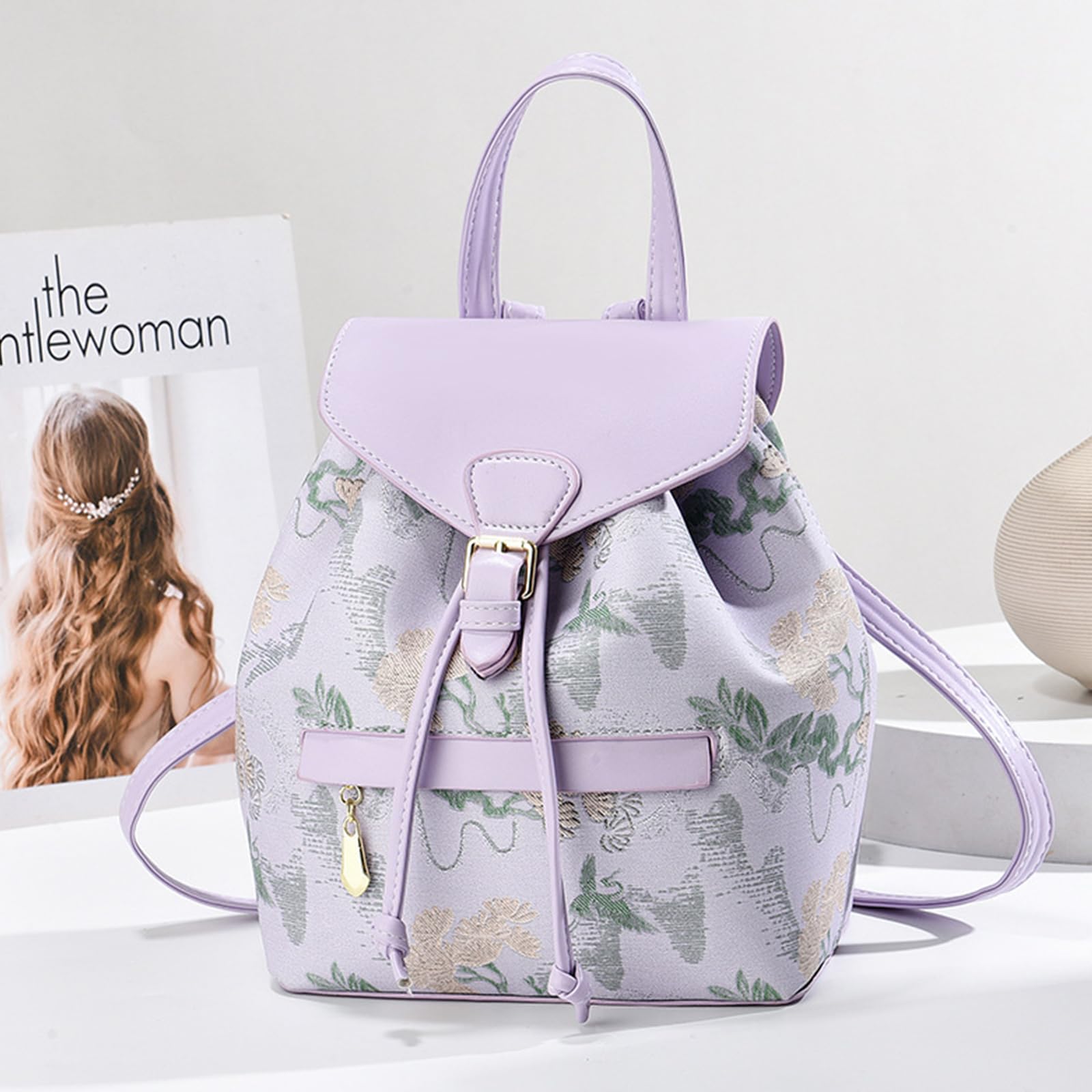 NICOLE & DORIS Zaino da Donna Piccolo Zainetto Elegante Borsa Zaino Mini con Stampa Zaino Antifurto Pelle PU Daypack Zainetti Fiori per Scuola Uscire Viaggi Viola