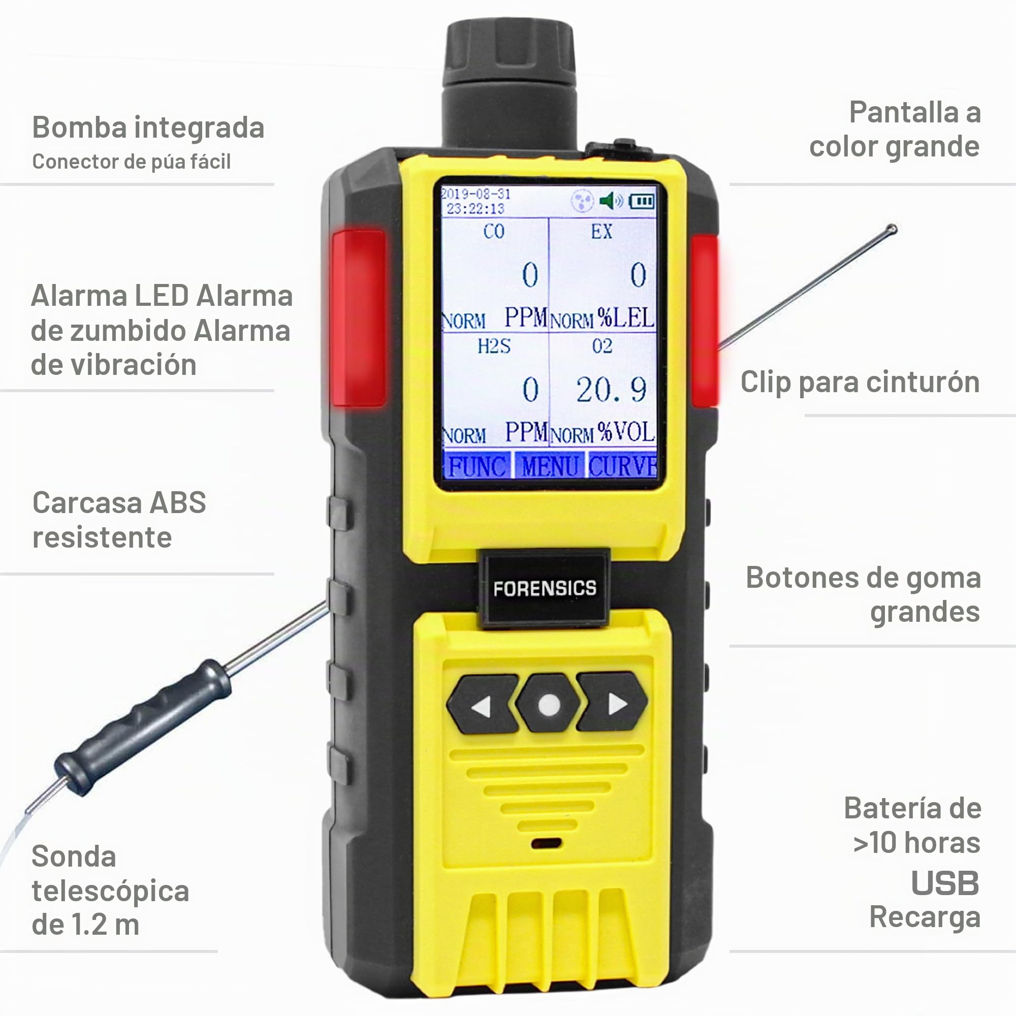 Monitor de 4 Gases | Certificado de Calibración EU | Detector Multigas | Bomba Integrada y Sonda de 4 Pies | O2, CO, H2S, LEL
