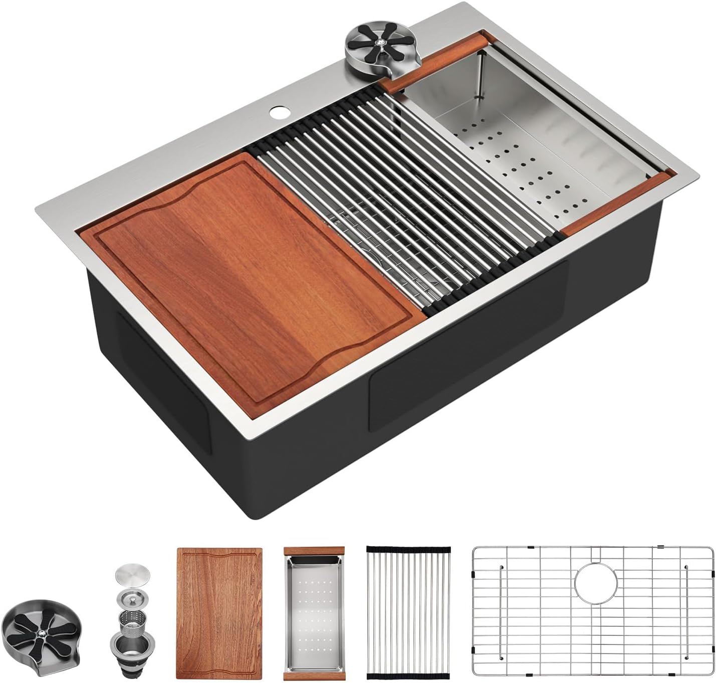 Dcolora 33 In. Drop In Workstation Kitchen Sink with Cup Washer, 16 Gauge 304 Stainless Steel Topmount Single Bowl Kitchen Sink with Accessories, Round Corner, 33"x22"x10", DC-T7741