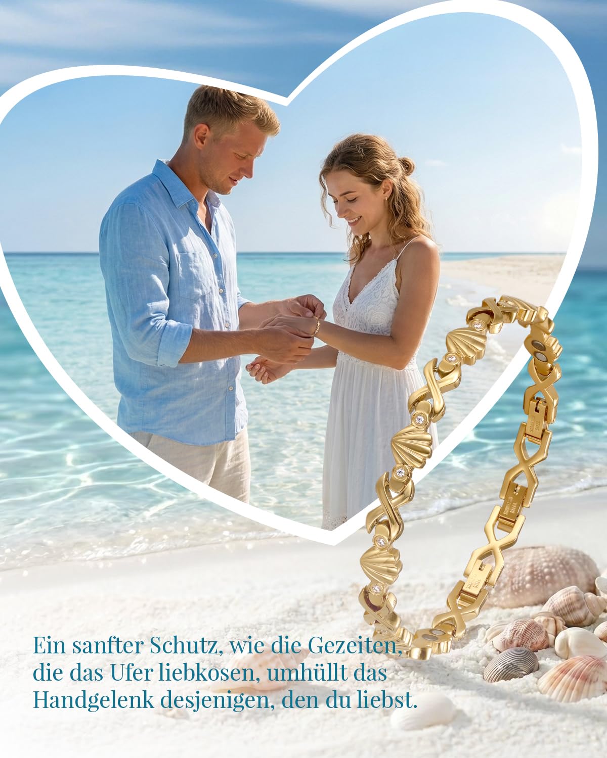 RainSo Magnetarmband für Damen - 3800 Gauß Edelstahlarmband, Muschel Armband mit Diamanten Besetzt, Verstellbare Größe, Für Einen Sommerlichen Strandurlaub (Gold)