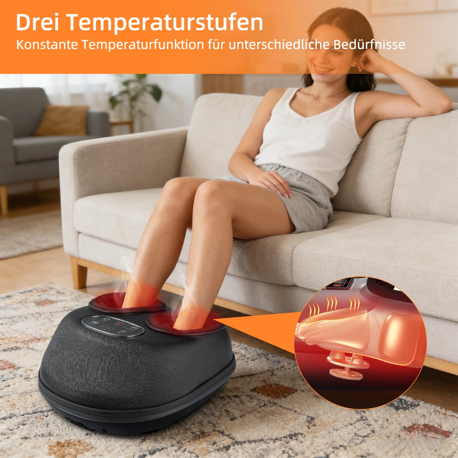Fußmassagegerät mit Wärmefunktion, 3D-Komprimierung und Funkfernbedienung, 5 Kraftstufen,Geschenke für Männer und Frauen,Abnehmbarer Stoffbezug,36x30x15 cm, Schwarz