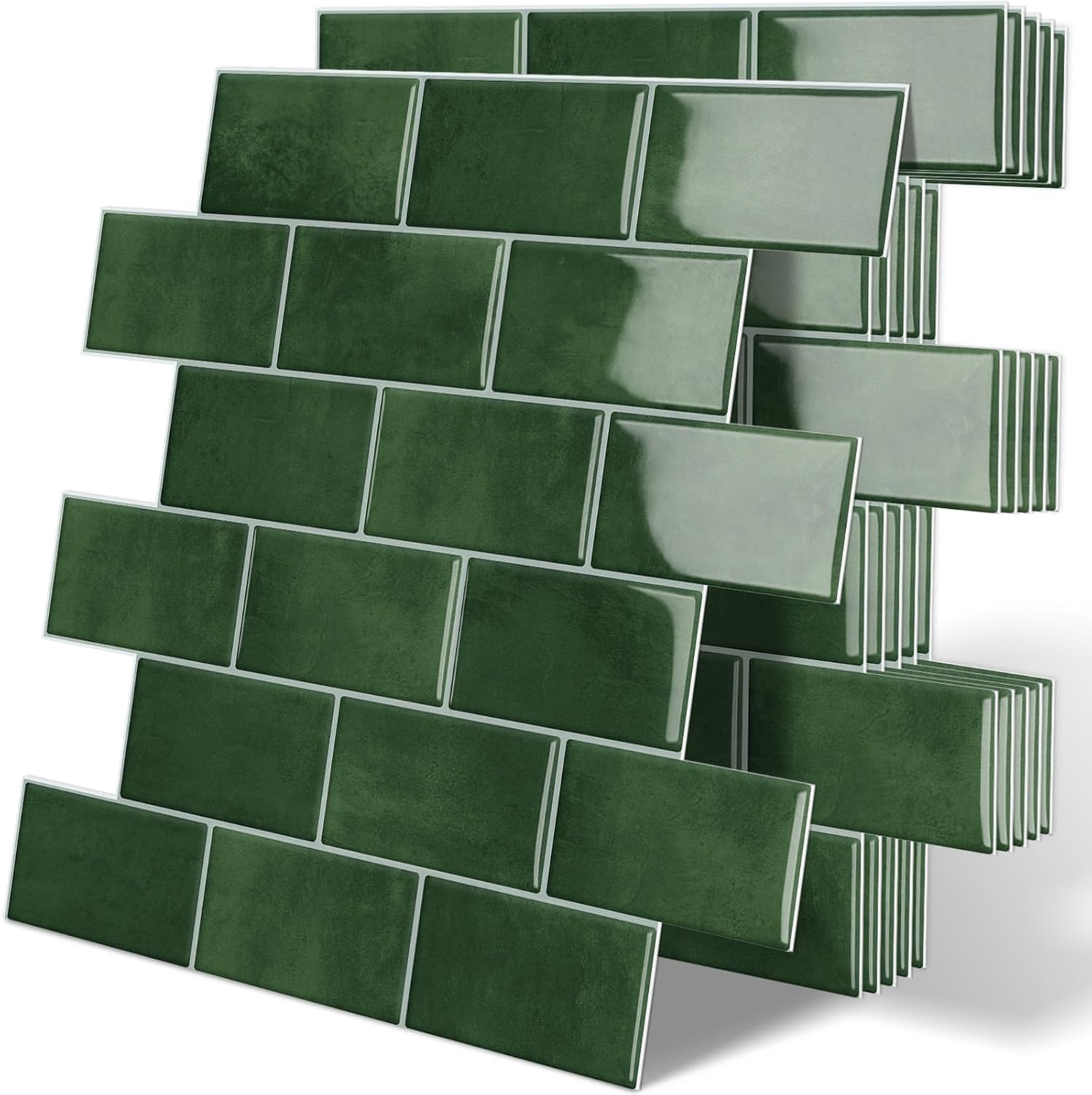 Thick Green Peel and Stick Backsplash Subway Tile 3D Brick Self Adhesvie Wall Tiles for Kitchen Bathroom (10-Sheet, 12"×12")