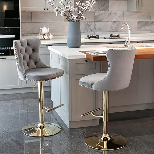Miniatura 4 de Taburete de bar giratorio tapizado de terciopelo de diseño moderno, patas grises + doradas, paquete de 2