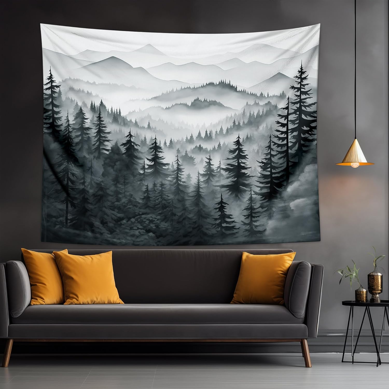QGHOT Misty Forest Tapestry, Nature Mountain Tapestry Wall Hanging Black and White Grey Cool Landscape Wall Art for Mens Bedroom Living Room Decor 90.6"x70.9"