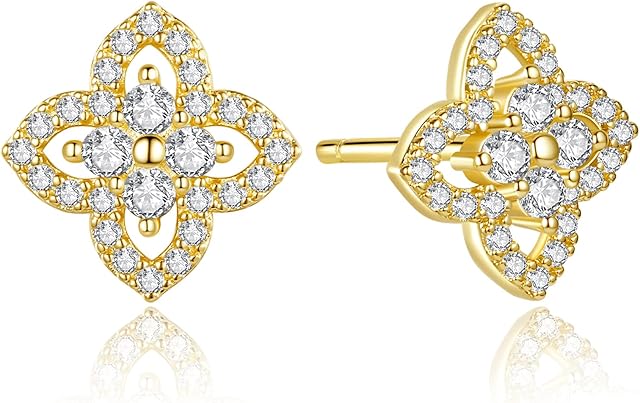 14K Gold Plated Stud Earrings for Women, Flower Earrings with Cubic Zirconia