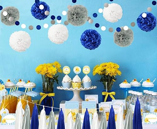 Miniatura 2 de InBy Kit de decoración de fiesta de 26 pompones de papel de seda, azul marino, gris y blanco, guirnalda de borlas para bodas, primer cumpleaños,