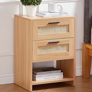 Mido Mido 2 Drawer Rattan Nightstand, Sturdy&Durable Natural Solid Wood Nightstand, End Table, Light Wood Bedside Table Wood Accent Table with Storage for Bedroom, Living Room, Natural