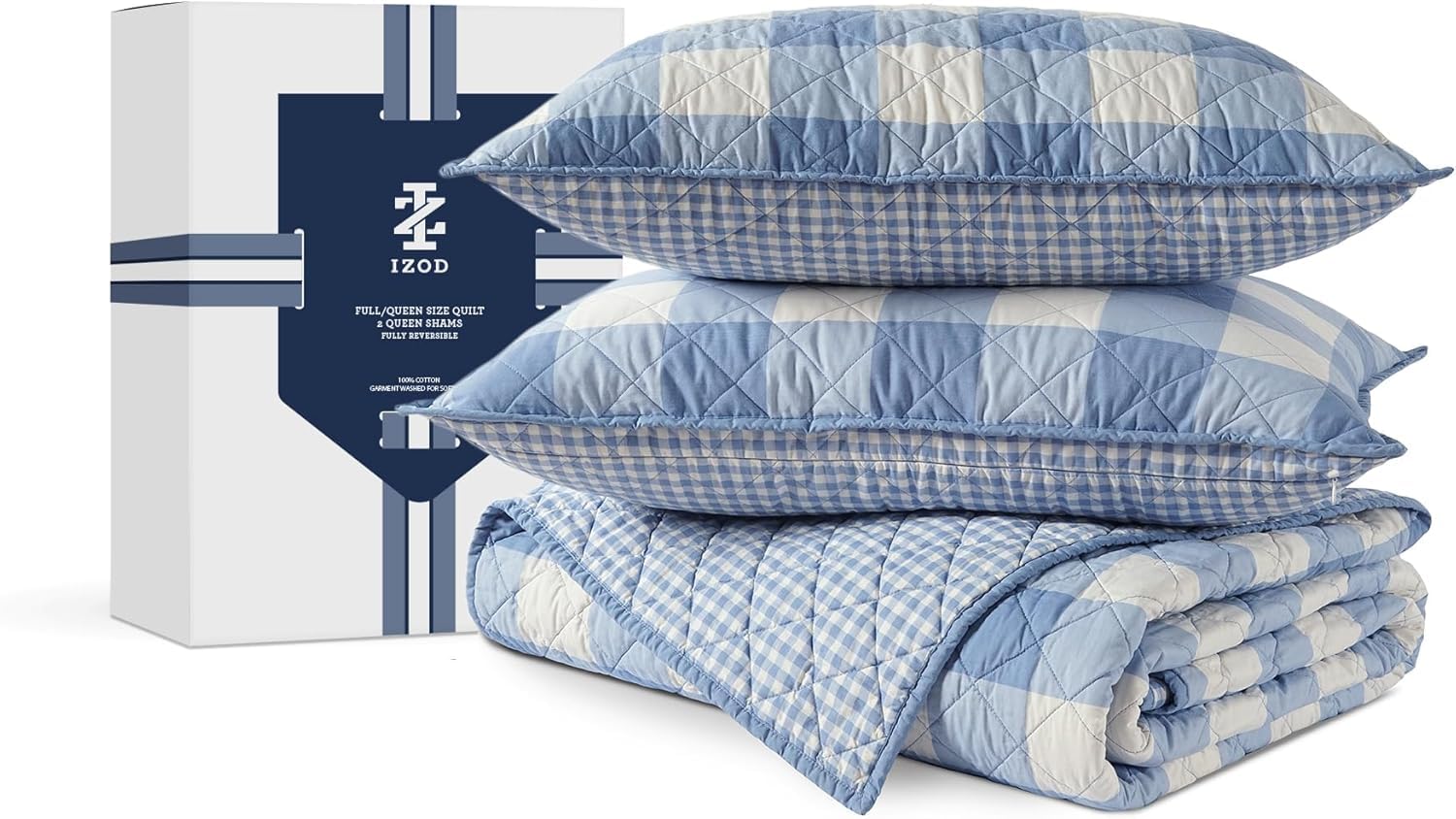 IZOD 100% Cotton Percale Pre-Washed Quilt Set, Ultra-Soft & Reversible Bedding, Full/Queen Cotton Comforter, Wrinkle-Resistant 3-Pc Cotton Bedspread w Matching Shams, All-Season Comfort- Blue Gingham