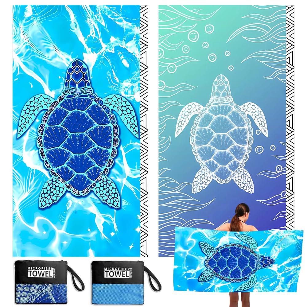 Jonuin 2 Pack Microfibre Beach Towels for Adults, 180 × 90 cm Extra Large Microfibre Beach Towel with Double Side Print, Quick Dry Towel, Sand Free Lightweight Beach Towel with Net Bag for Travel