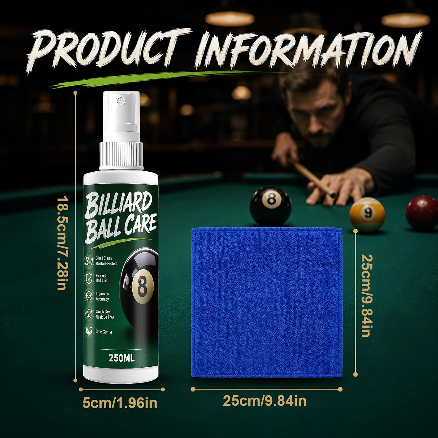 Pool Ball Cleaner Spray with Microfiber Towel Improve Accuracy, 8.45 OZ